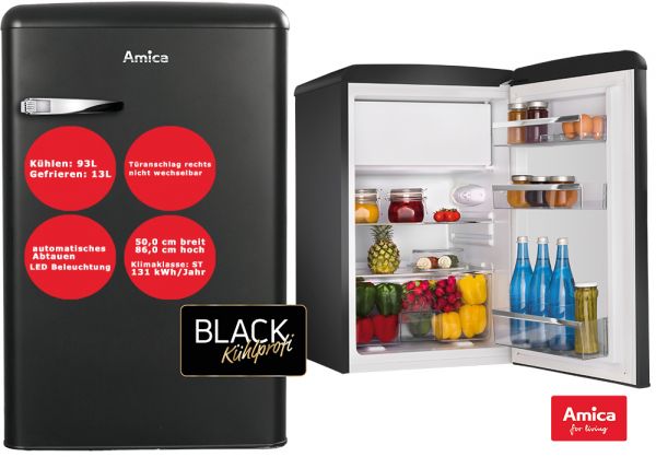 Amica Retro Standkühlschrank Schwarz matt 108 L mit Gefrierfach Kühlschrank