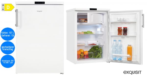 exquisit Kühlschrank freistehend mit Gefrierfach weiß 120L EEK D Tür-offen-Alarm