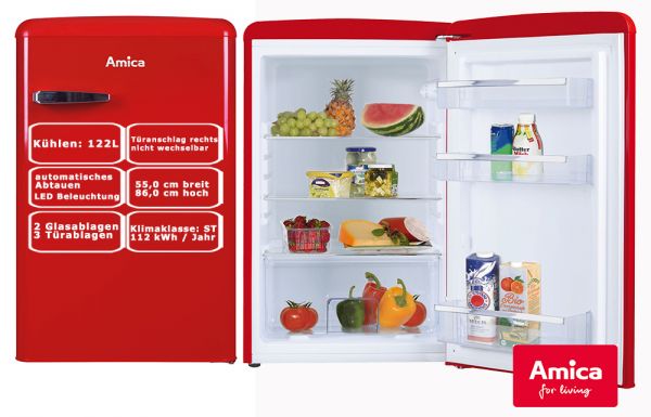 Amica Vollraumkühlschrank Rot 120 L Retro Nostalgie Kühlschrank Vollraum freihstehend