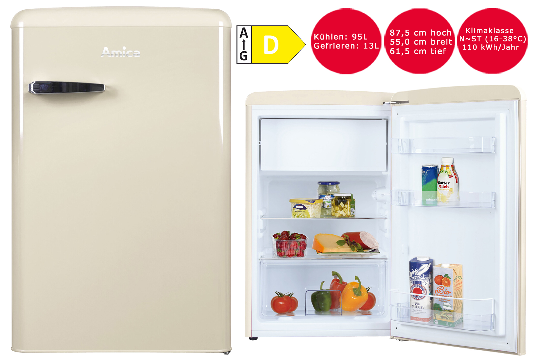Retrokühlschrank Retro Gefrierfach Less Creme D for Kühlen 108 | Beige EEK: Amica Gefrieren Kühlschrank & mit Deal | L |