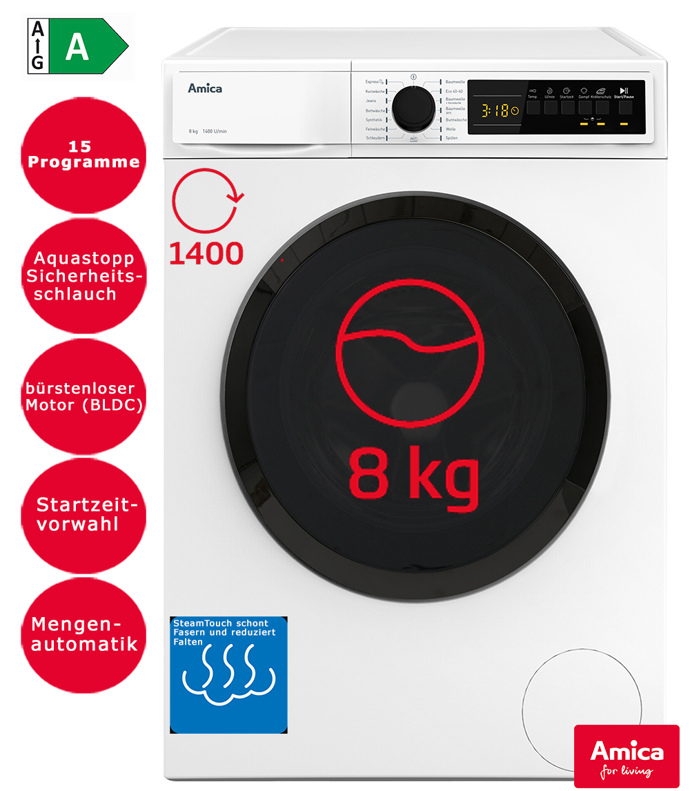 Amica Waschmaschine 8kg Startzeitvorwahl Aqua Stopp bürstenloser Motor  EEK:A | Frontlader Waschmaschine | Waschmaschinen | Waschen & Trocknen |  Deal for Less
