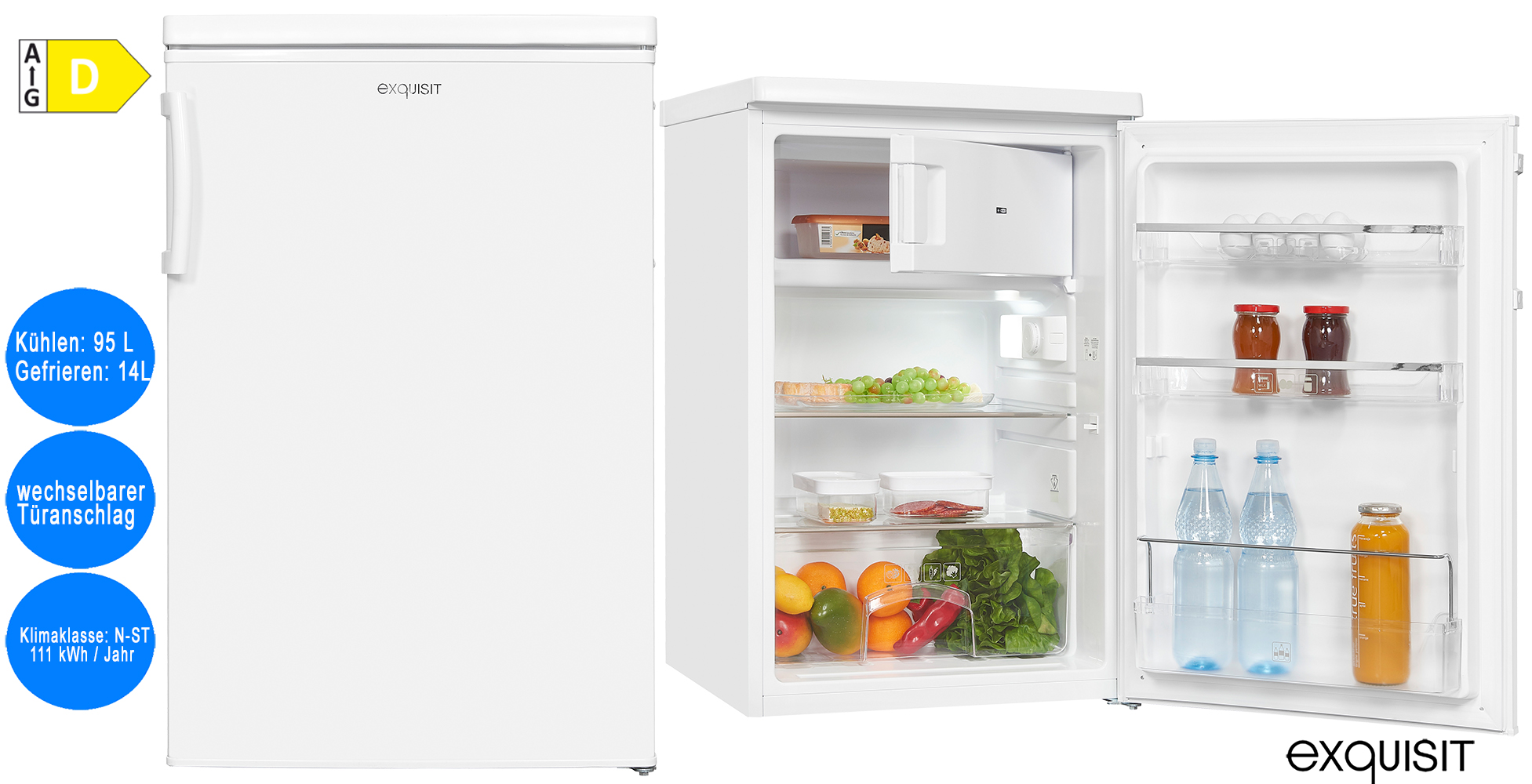 Exquisit Kühlschrank mit Gefrierfach 109L Nutzinhalt Weiß