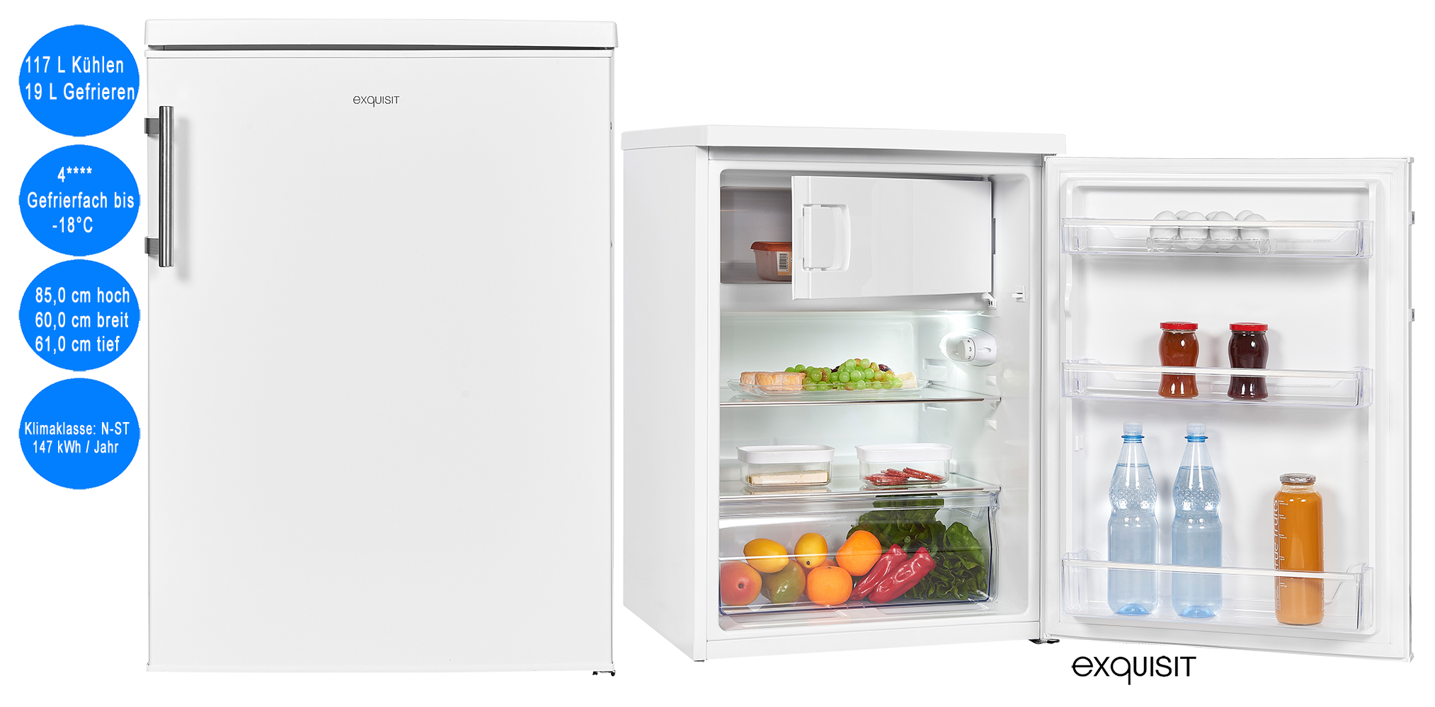 Exquisit Kühlschrank mit Gefrierfach Weiß 136 L Nutzinhalt freistehend 60,0  cm breit | freistehende Kühlschränke | Kühlschrank | Kühlen & Gefrieren |  Deal for Less