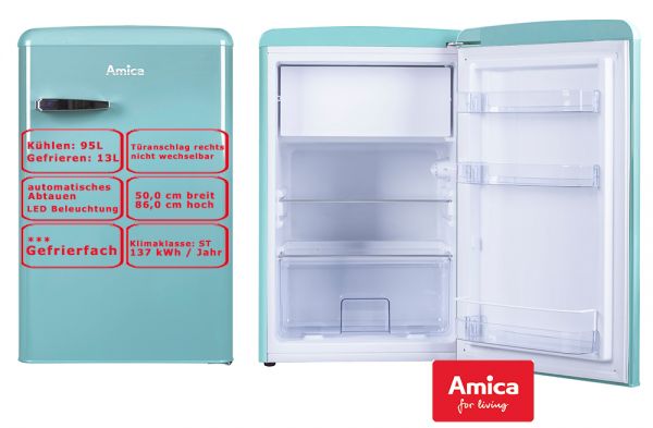 Amica KS 15612 T Retro Kühlschrank Ice Blau 108 L Gefrierfach Bürokühlschrank