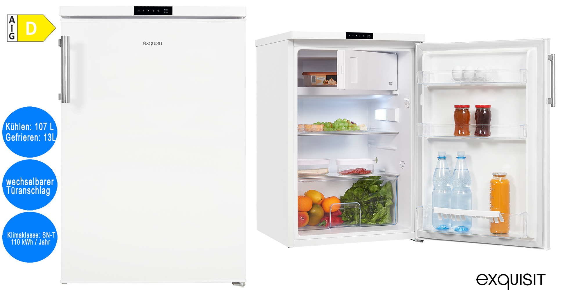 exquisit Kühlschrank freistehend mit Gefrierfach weiß 120L EEK D Tür-offen- Alarm, Gefriertruhen, Gefriergeräte, Kühlen & Gefrieren