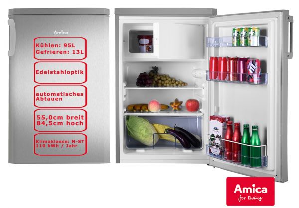 Amica Kühlschrank mit Gefrierfach silber 108L Bürokühlschrank KS 361 112-1 E