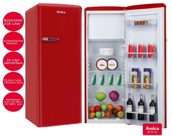Amica Kühlschrank Rot 218L mit Gefrierfach 144cm hoch freistehend Retro Look