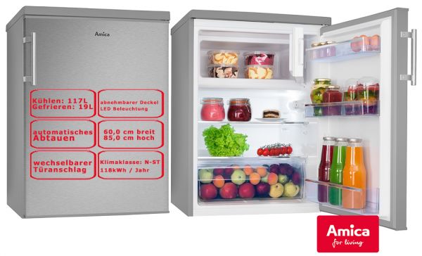 Amica Kühlschrank mit Gefrierfach 136L Amica KS 361 115 E Silber Bürokühlschrank