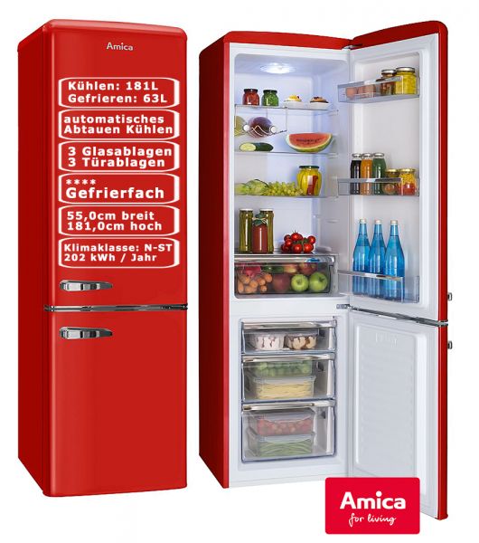 Amica Retro Kühl-Gefrierkombination Rot 244L automat. Abtauen Kühlschrank