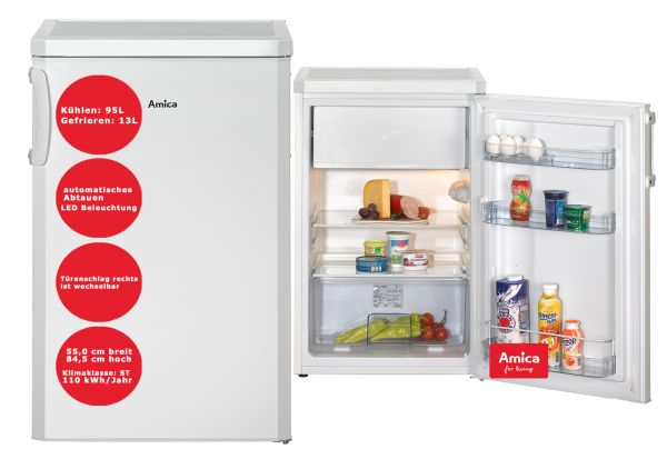 Amica Kühlschrank mit Gefrierfach 108L Weiß Bürokühlschrank freistehend