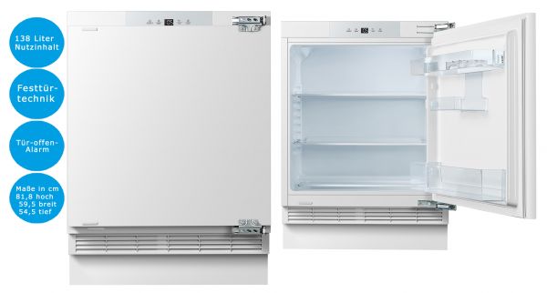 PKM Unterbau Vollraum Kühlschrank Weiß 138 L LED Beleuchtung Festtür-Technik
