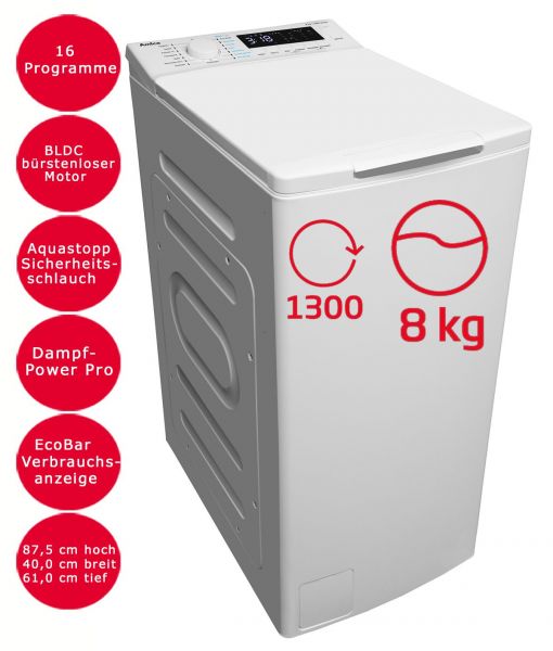 Amica Toplader Waschmaschine 8kg Dampf-Funktion 16 Programme bürstenloser Motor