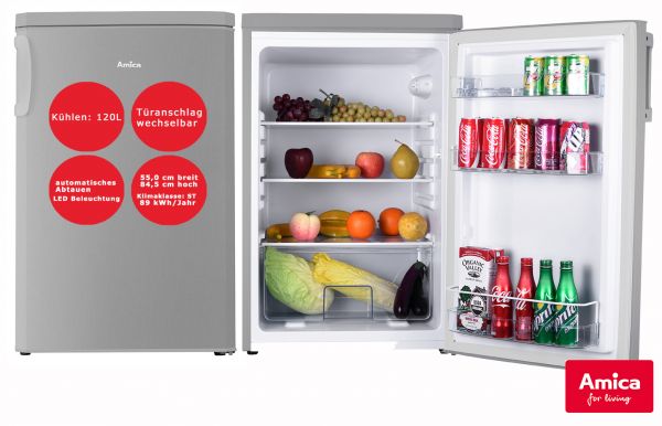 Amica Vollraumkühlschrank Silber 120 L freistehend Kühlschrank Edelstahloptik