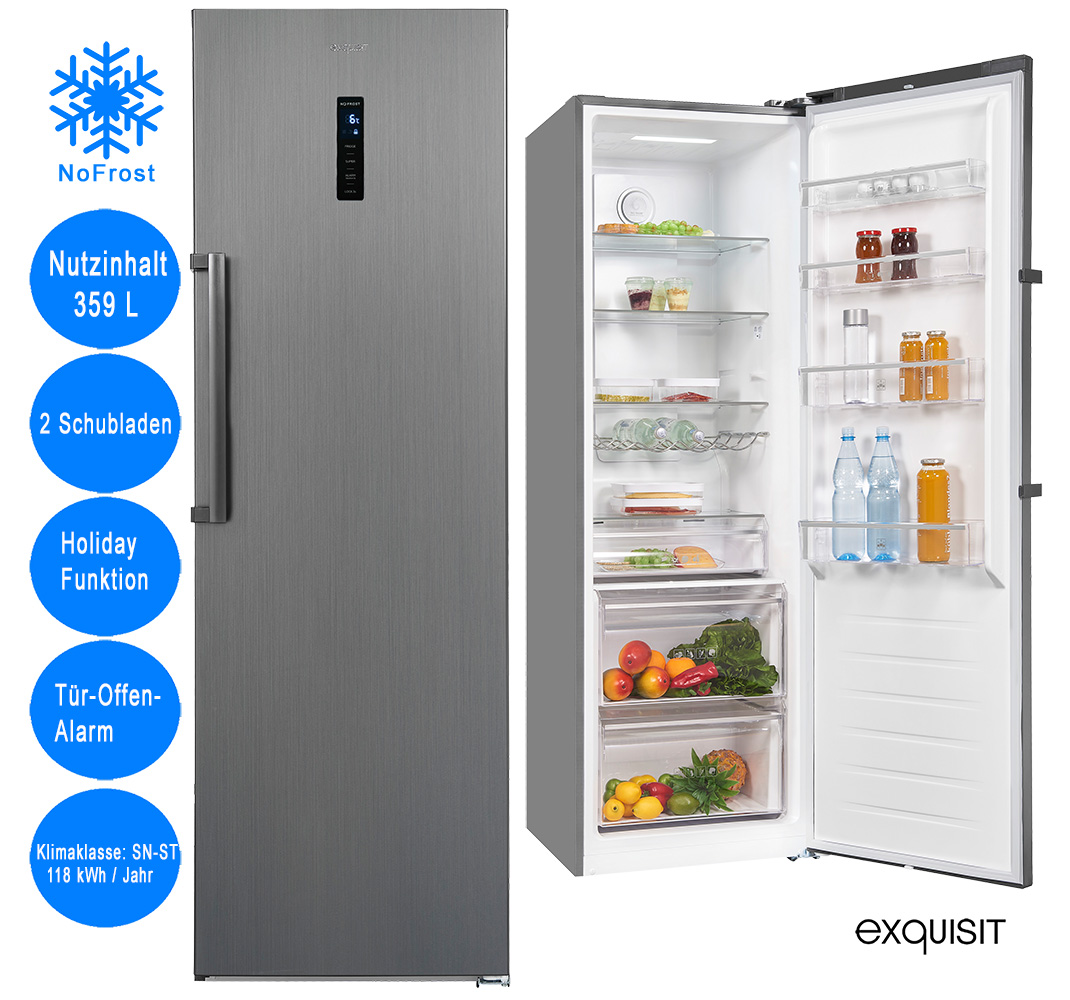 Exquisit Vollraumkühlschrank NoFrost inoxlook 359 L Nutzinhalt freistehend  2 Schubladen | freistehende Kühlschränke | Kühlschrank | Kühlen & Gefrieren  | Deal for Less