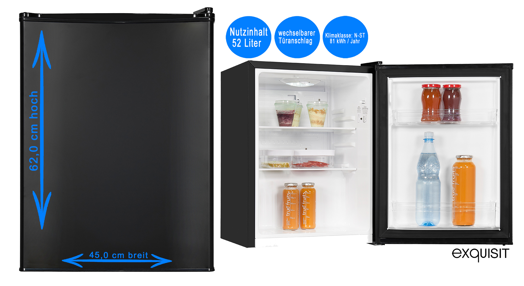 Exquisit Tisch Kühlschrank Schwarz Minibar 52l Mini Vollraum nur 62cm hoch  Kühlbox, freistehende Kühlschränke, Kühlschrank, Kühlen & Gefrieren