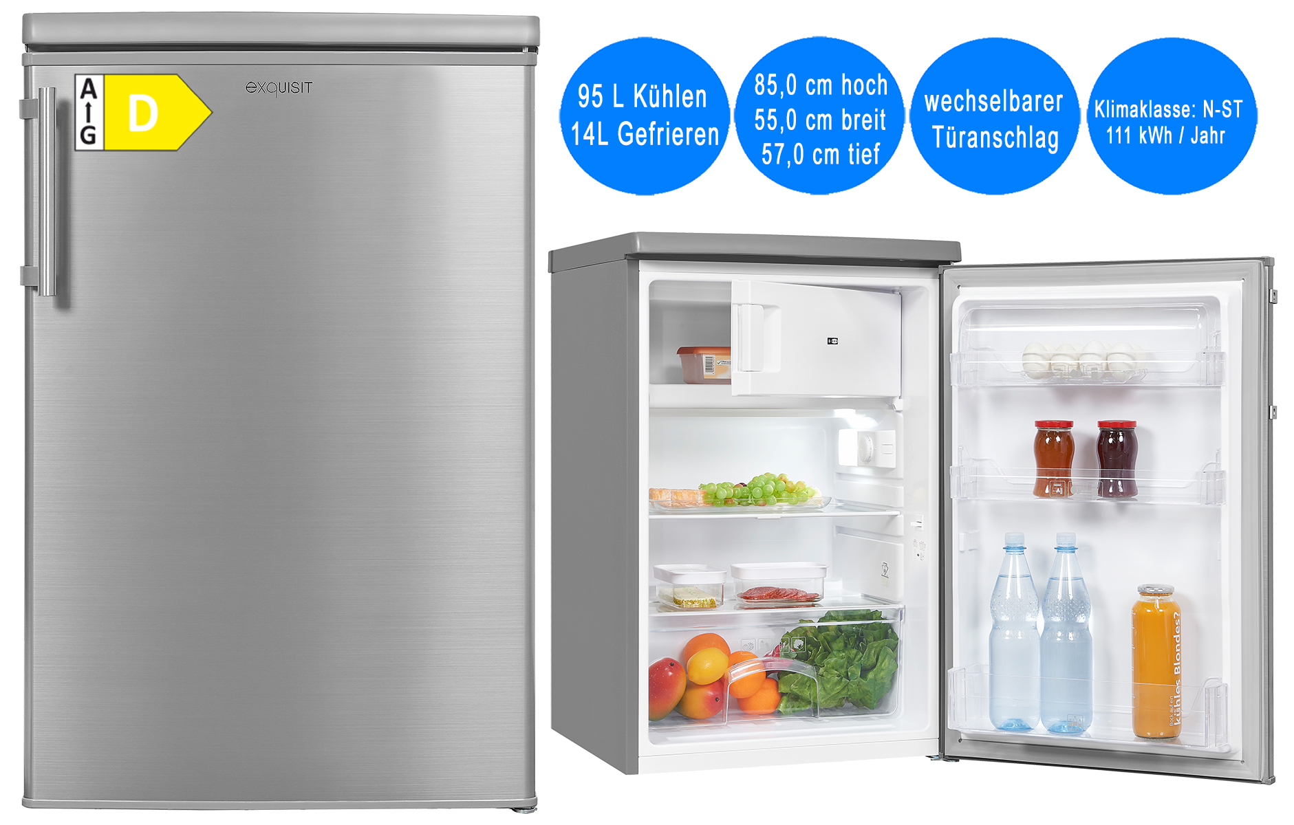 Exquisit Kühlschrank mit Gefrierfach 109L Nutzinhalt Silber freistehend  55cm breit | freistehende Kühlschränke | Kühlschrank | Kühlen & Gefrieren |  Deal for Less
