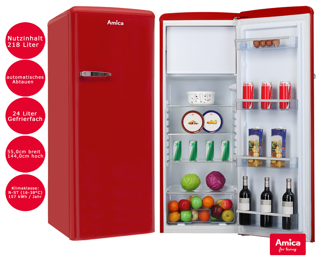 Amica Kühlschrank Rot 218L mit Gefrierfach 144cm hoch freistehend
