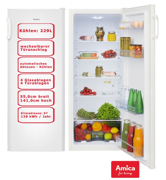 Amica Vollraum-Kühlschrank 229L freistehend Weiß automatisches Abtauen Kühlschrank