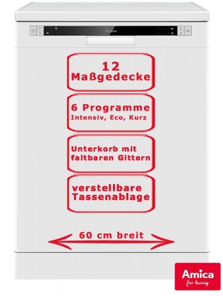 Amica Geschirrspüler 60cm Weiß 6 Programme Startzeitvorwahl 12 Maßgedecke