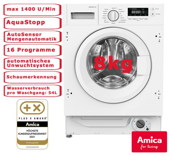 Amica Einbauwaschmaschine Frontlader 8kg Startzeitvorwahl AquaStopp Mengenautomatik