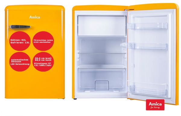 Amica Retro Kühlschrank mit Gefrierfach Gelb 108 L KS15613Y