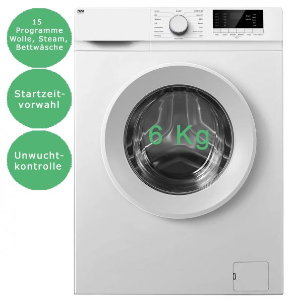PKM Waschmaschine 6kg Dampf-Funktion Startzeitvorwahl 15 Programme