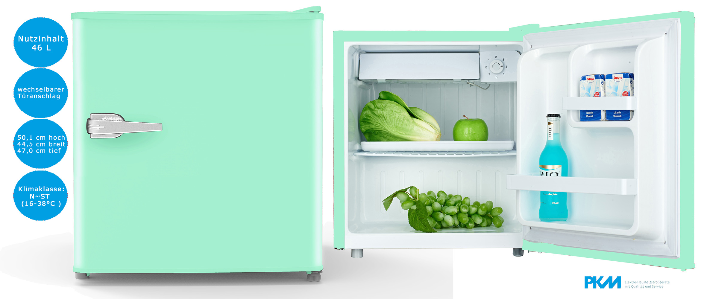 PKM Retro Mini Kühlschrank 46 Liter Türkis Kühlbox Tischkühlschrank kompakt, freistehende Kühlschränke, Kühlschrank, Kühlen & Gefrieren
