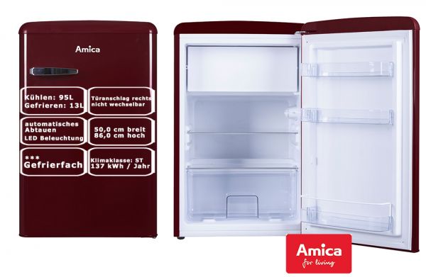 Amica Retro Kühlschrank Weinrot 108 L Gefrierfach KS 15611 R Bürokühlschrank
