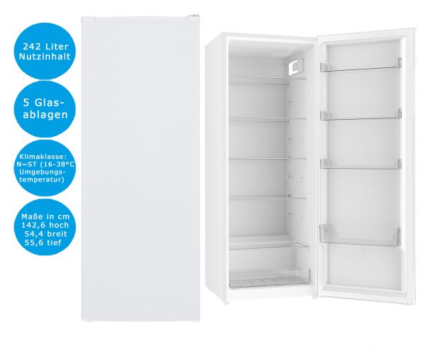 PKM Vollraum Kühlschrank Weiß 242 L LED Beleuchtung freistehend