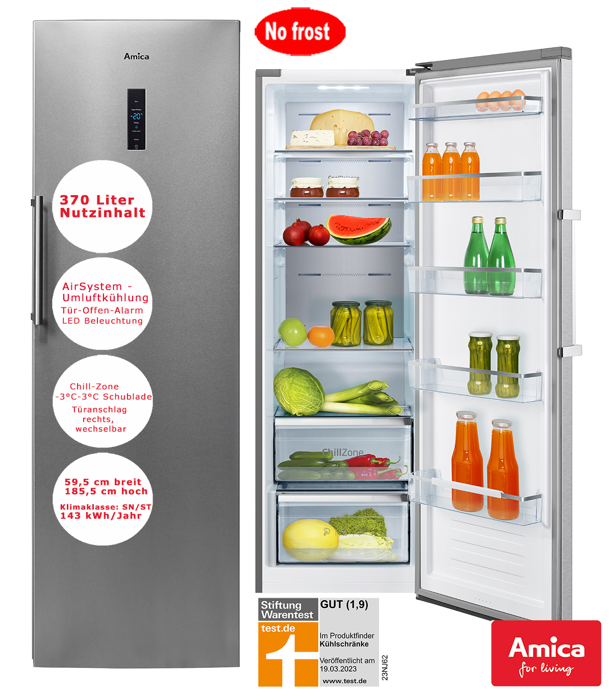 Amica Vollraum-Kühlschrank 370L freistehend Silber NoFrost Tür